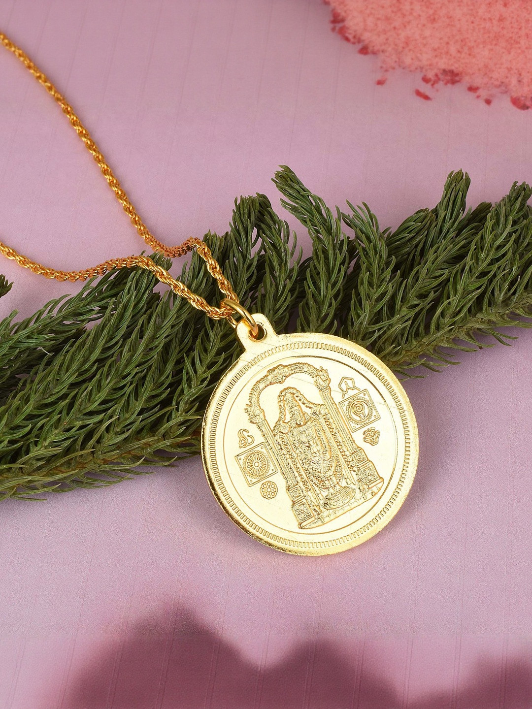 Gold plated Tirupati Balaji & Ganesh both side (reversible) coin chain necklace pendant