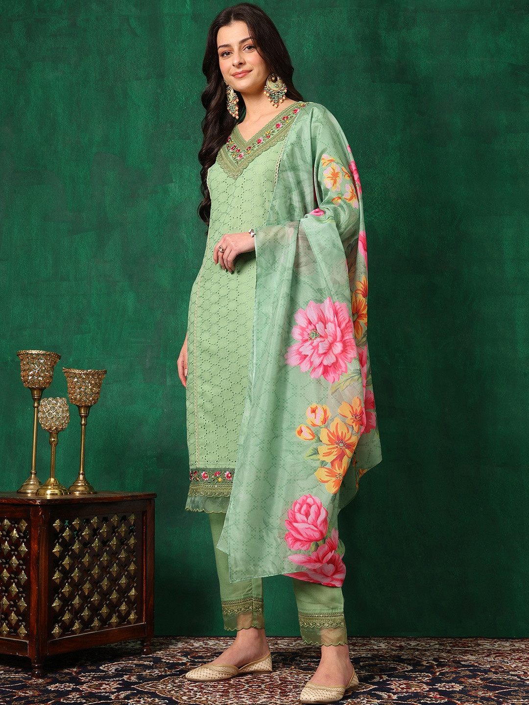 Embroidered Chikankari Kurta with pant & printed Dupatta