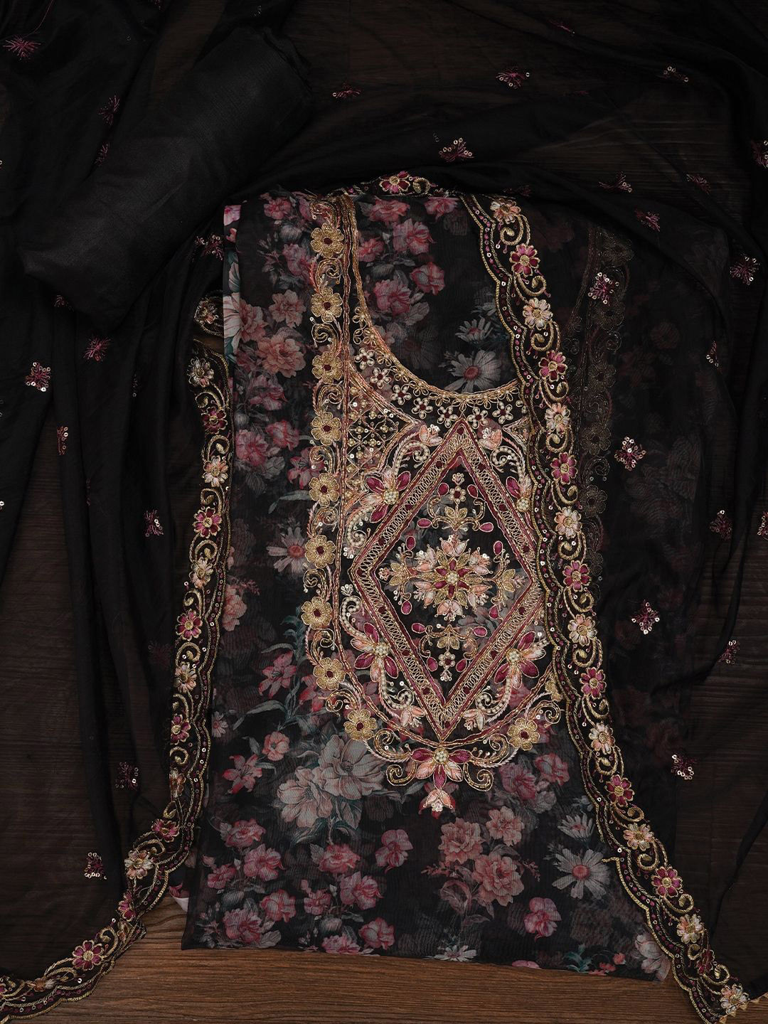 Desi Fusion Floral Printed Sequin Organza Unstitched Dress Material