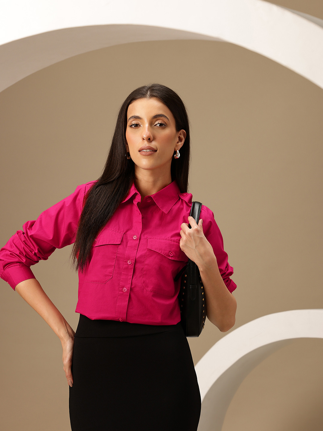 Chemistry Women Pure Cotton High-Low Formal Shirt