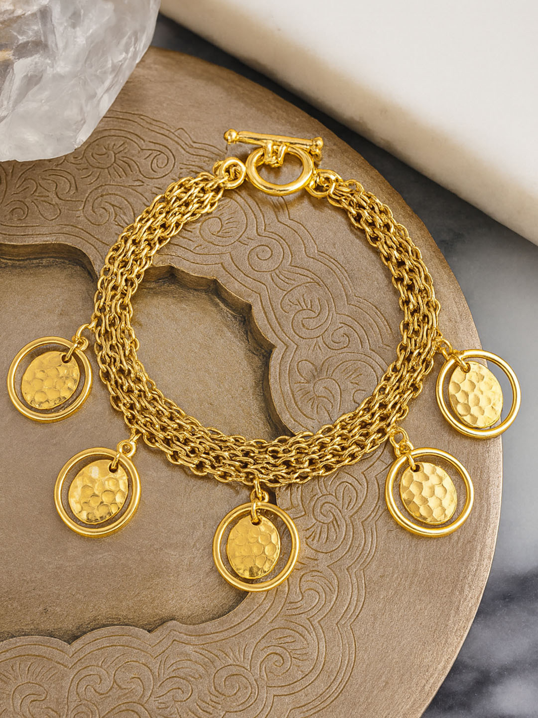 Estele Gold Plated Fringe Circular Beaten Charm Bracelet