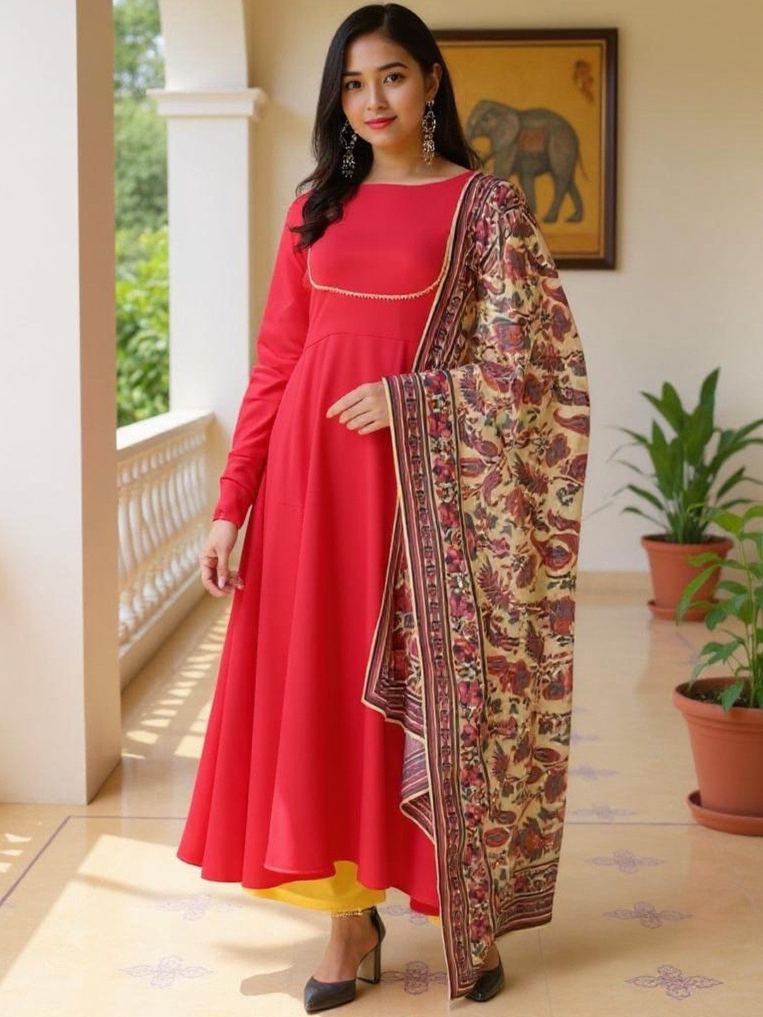 SZN Women Pink Printed Crepe Ethnic Kurta with Georgette Dupatta