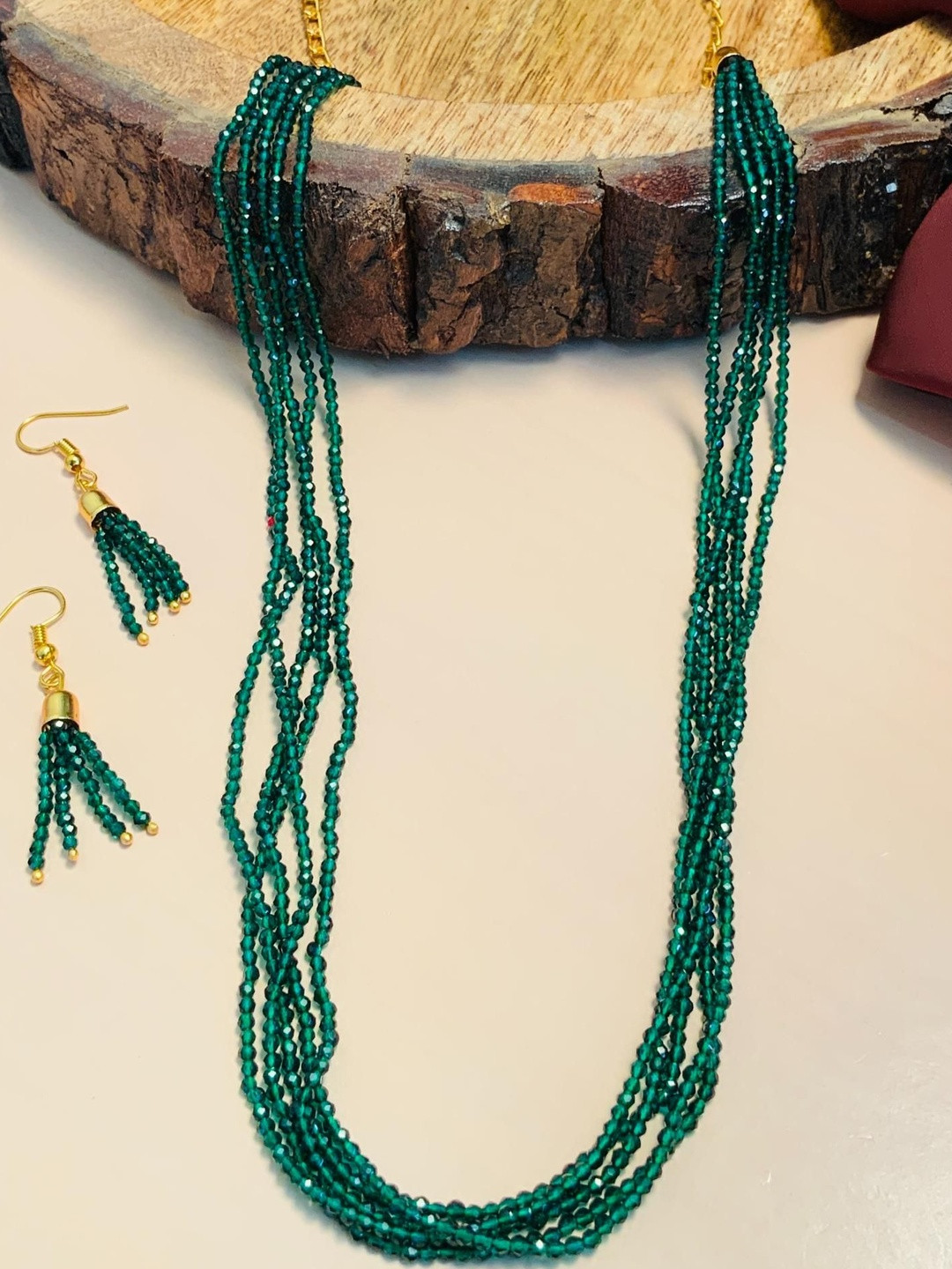 Ellite Women Gold Plated Green Bead Mala Necklace Set