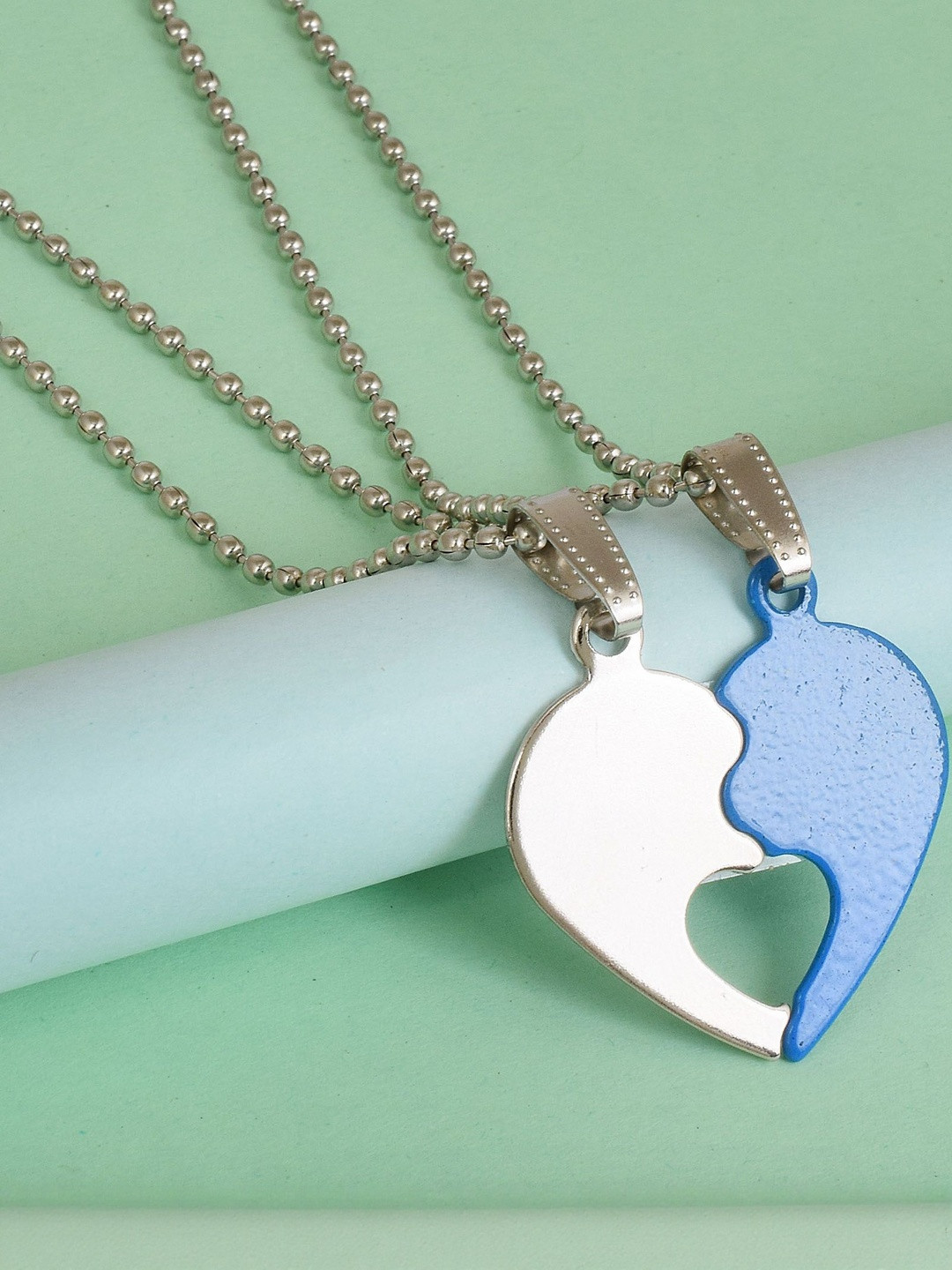 Silver and Blue Tone 2 parts Heartshape Love Chain Pendant