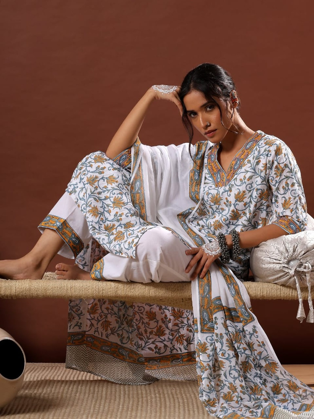 Gulnar Handblock Cotton Suit Set  White & Mustard Bloom