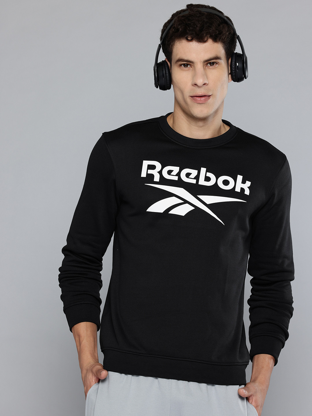 Reebok Brand Logo Printed Round Neck Warm-Up Sweatshirt with Inner Fleece