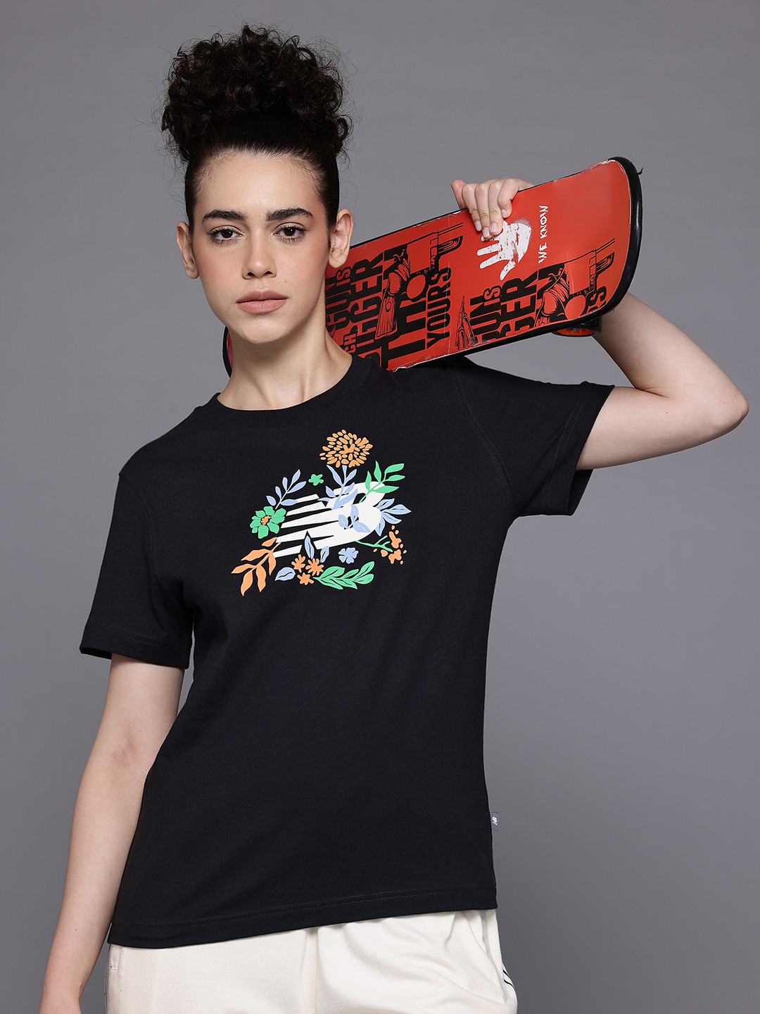 New Balance Brand Logo & Floral Printed Pure Cotton T-shirt