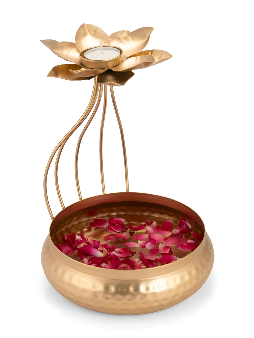 CraftVatika Metal Lotus Tealight with Urli Bowl Base Candle Holder