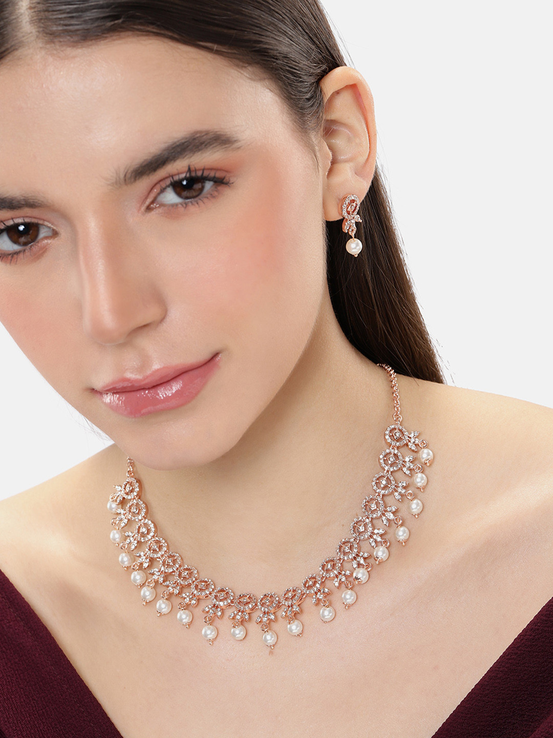 Estele Rose Gold Plated Beaded & Crystals Studded Floral Necklace & Earring Jewelry Set