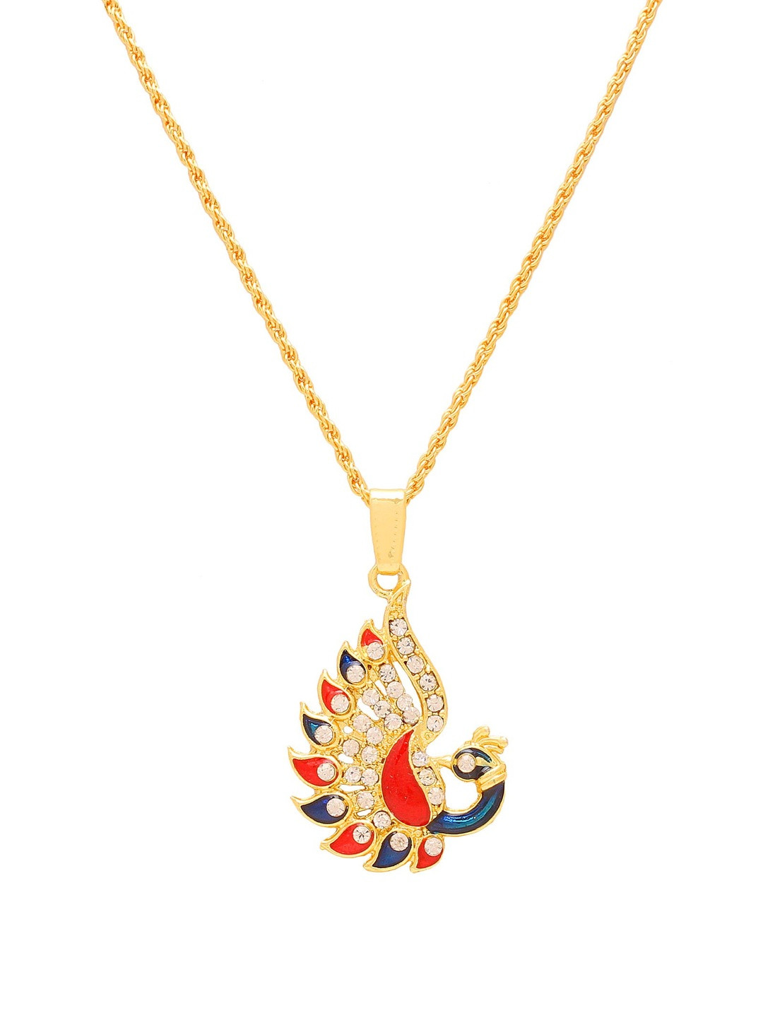 Gold plated CZ Meenakari Rich and Festive Colourful Peacock shape chain pendant