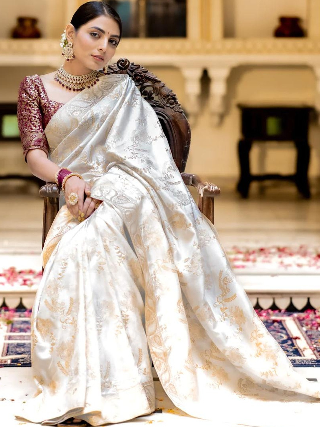 CaniBani White Silk Blend Banarasi Sarees