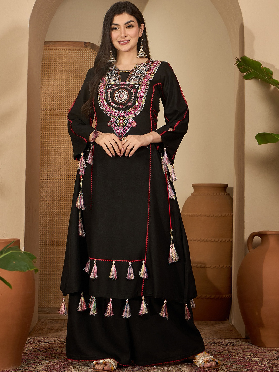 Black Women Soft Rayon Embroidery Work Kurta With Palazzo