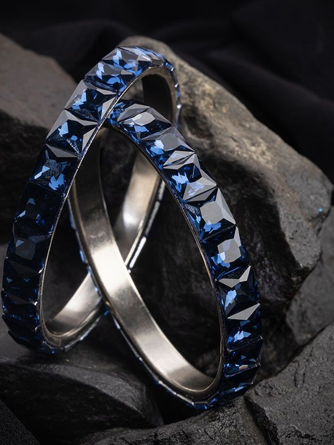Mamon Creations Set Of 2 Gold-Plated & Blue Alloy Zircon Bangles