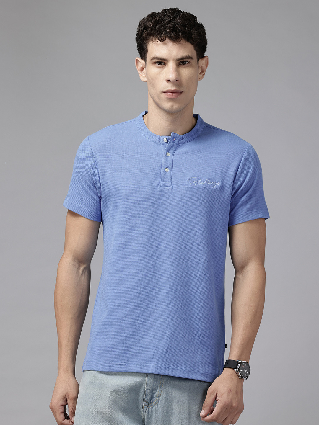 Blackberrys Waffle Knit Henley Neck Regular Fit Hypa Fresh T-shirt with Embroidered Detail