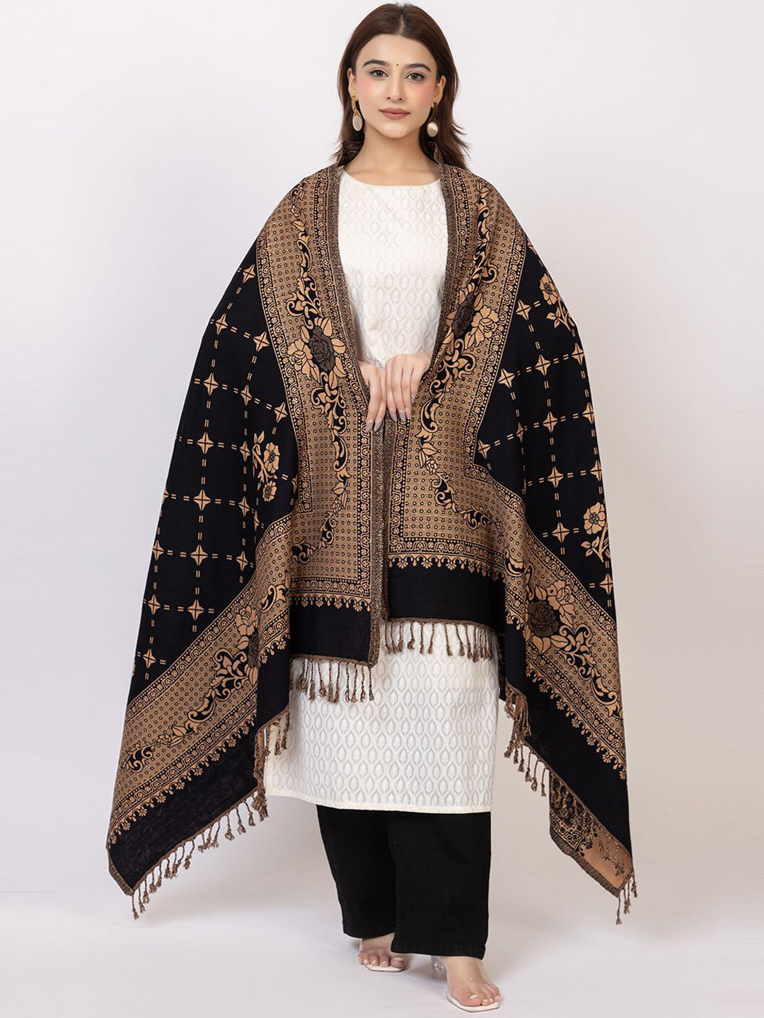 VASABA Floral Embroidered Acrylic Shawl