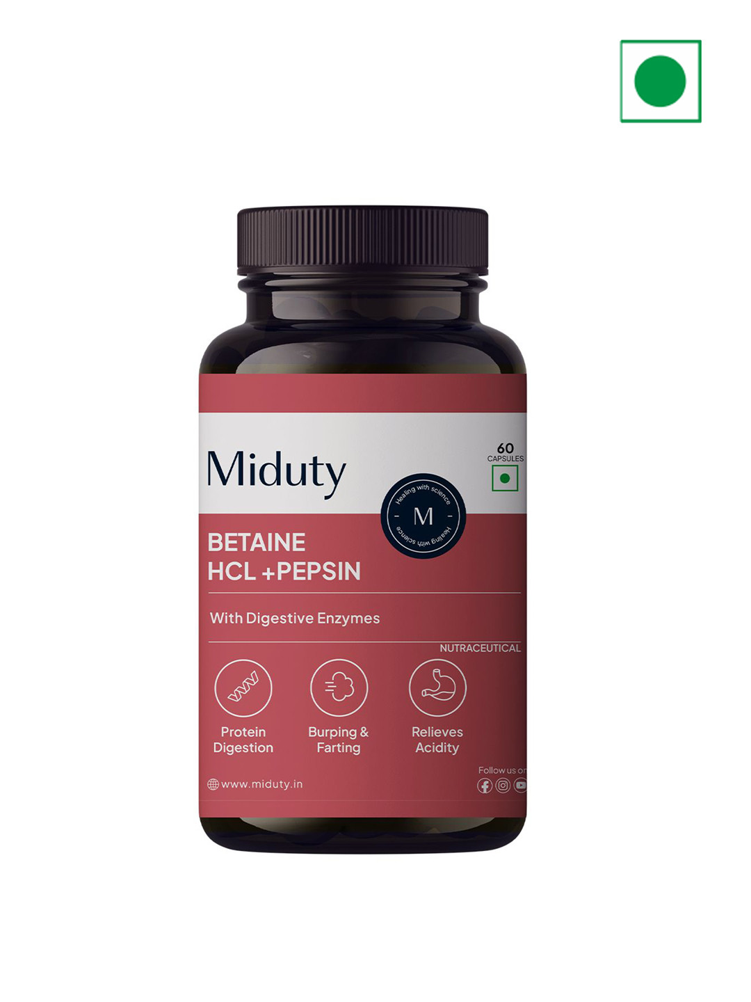 MIDUTY 60 Capsules Betaine HCL + Pepsin With Digestive Enzymes