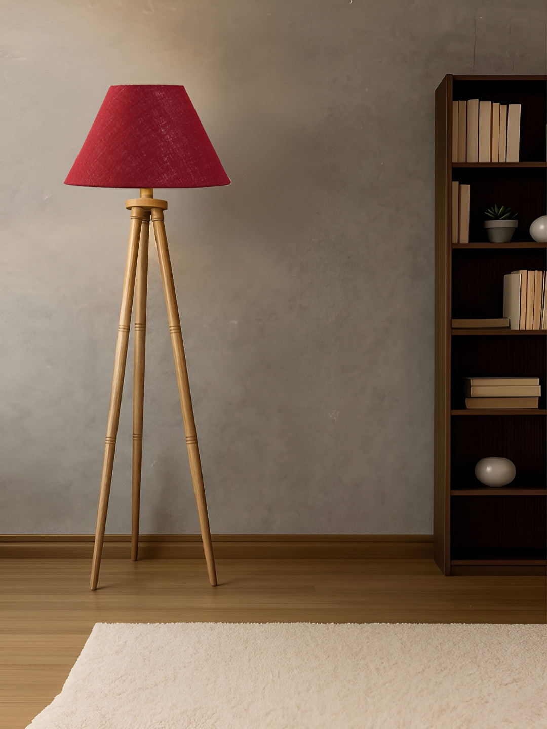 Devansh Maroon Cotton Drum Shade With Wooden Tripod Lamp