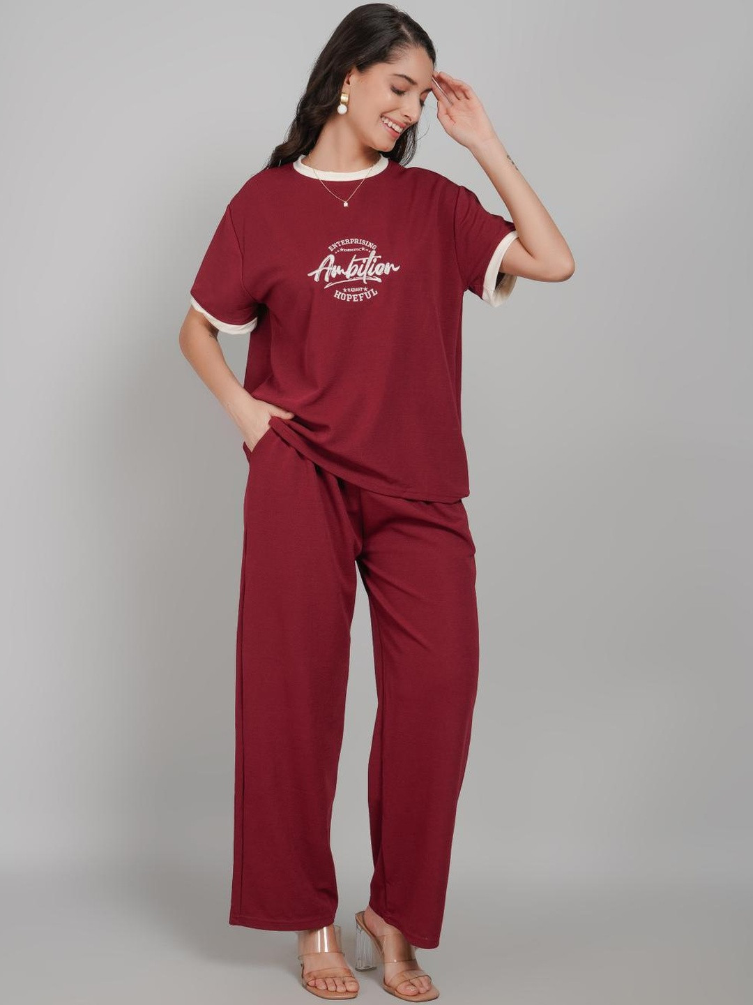 Lugo Women Maroon Cotton T-shirt and Trousers Co-ord Set