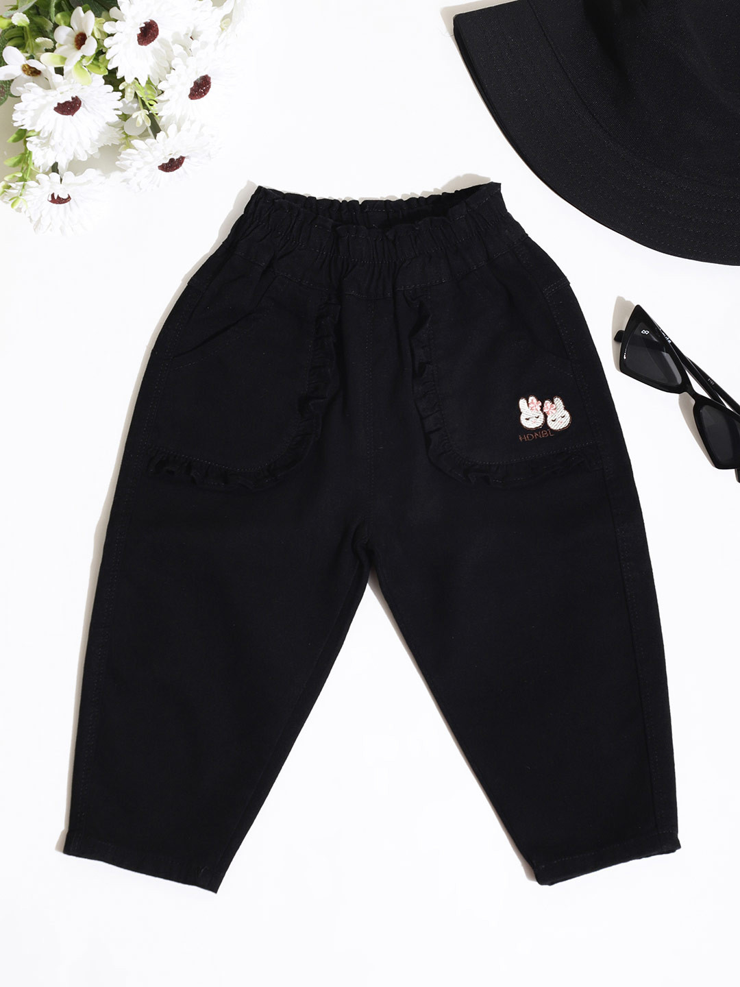 Lil Townie Girls Bunny Printed Mid-Rise Relaxed-Fit Cotton Trousers