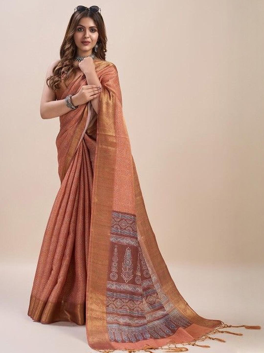 KARAGIRI Peach Silk Saree With Blouse Piece