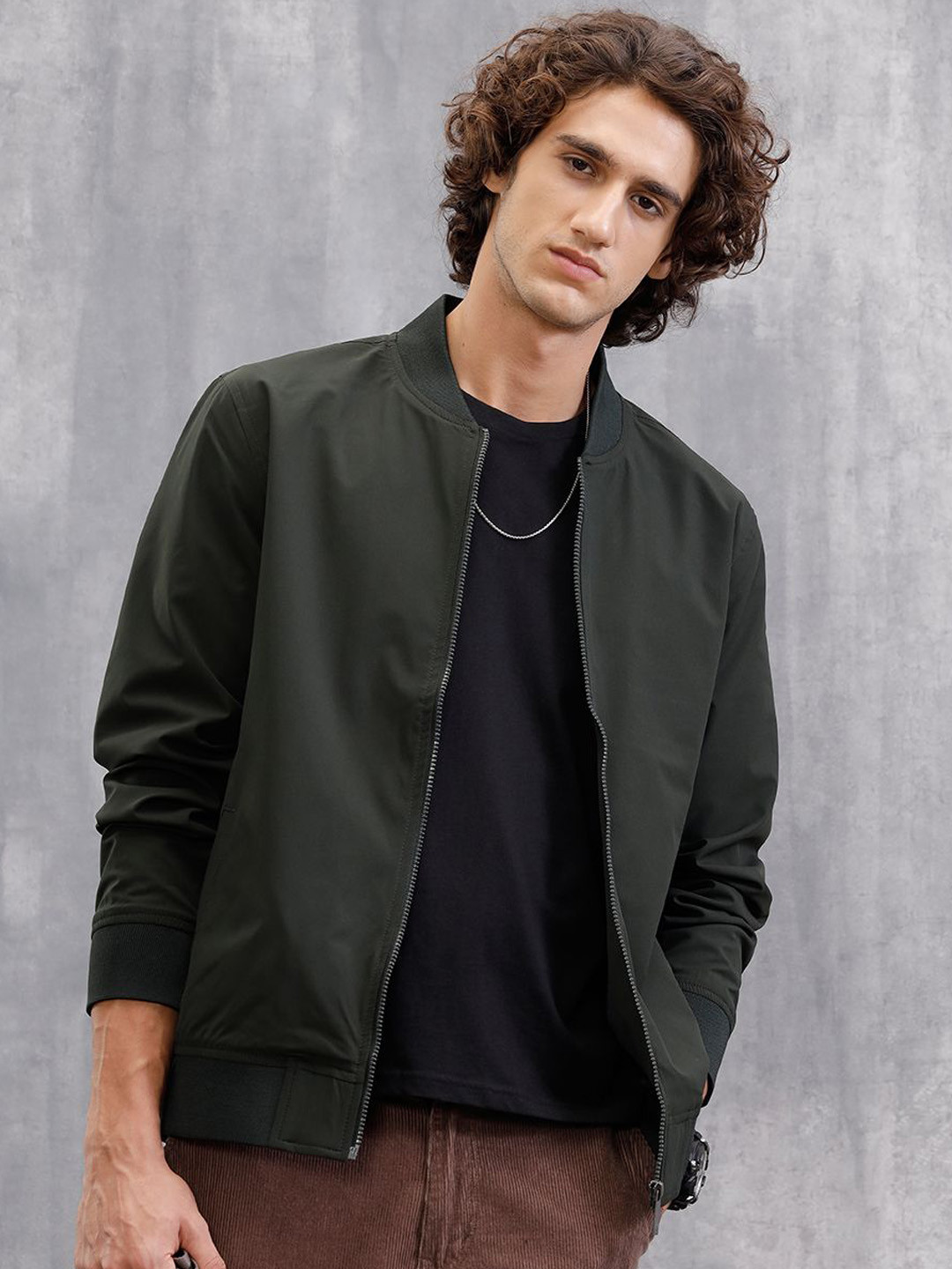 WROGN Men Mandarin Collar Solid Bomber Jacket
