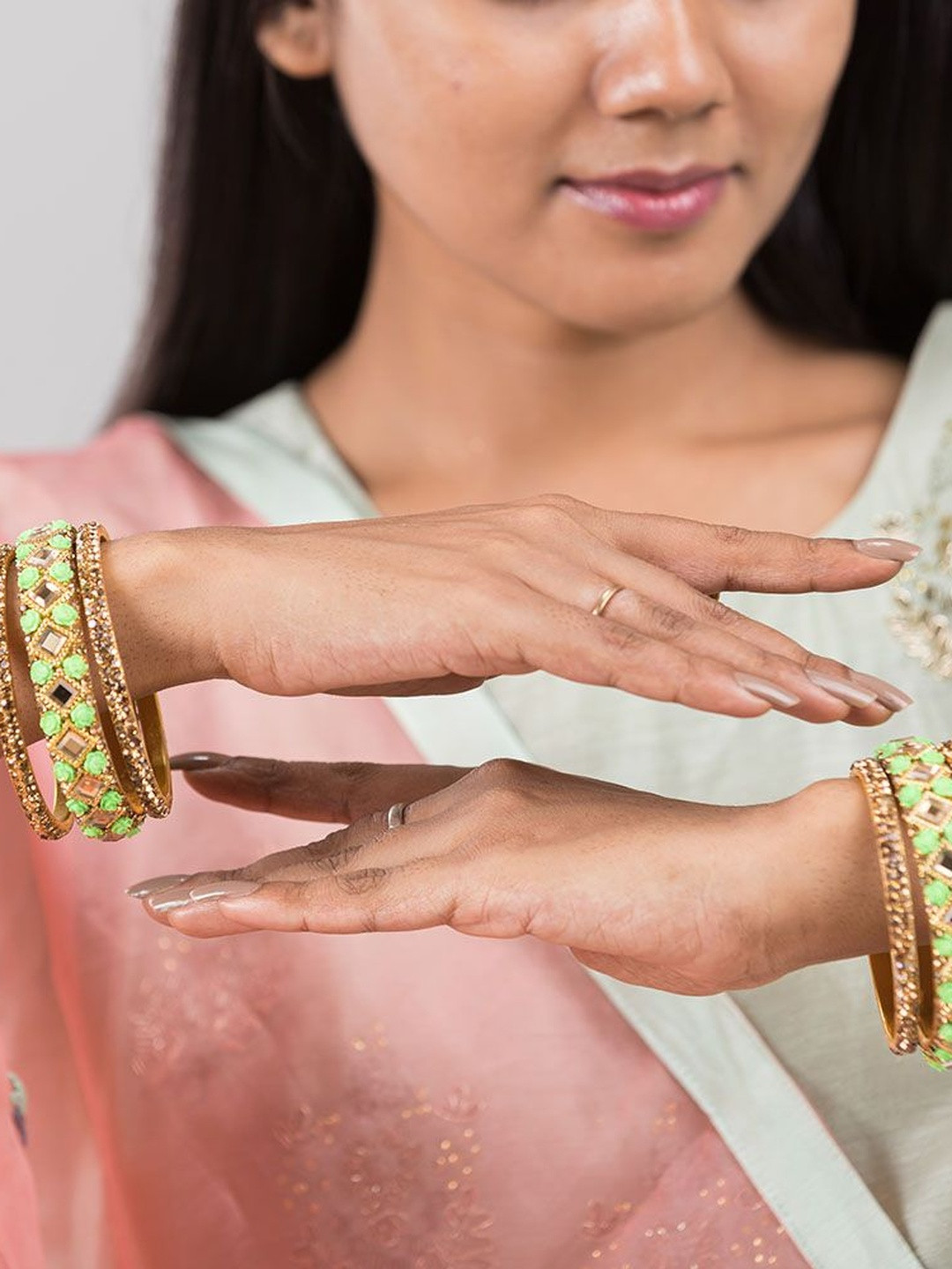 Mamon Creations Set Of 6 Gold-Plated & Lime Green Alloy Bangles