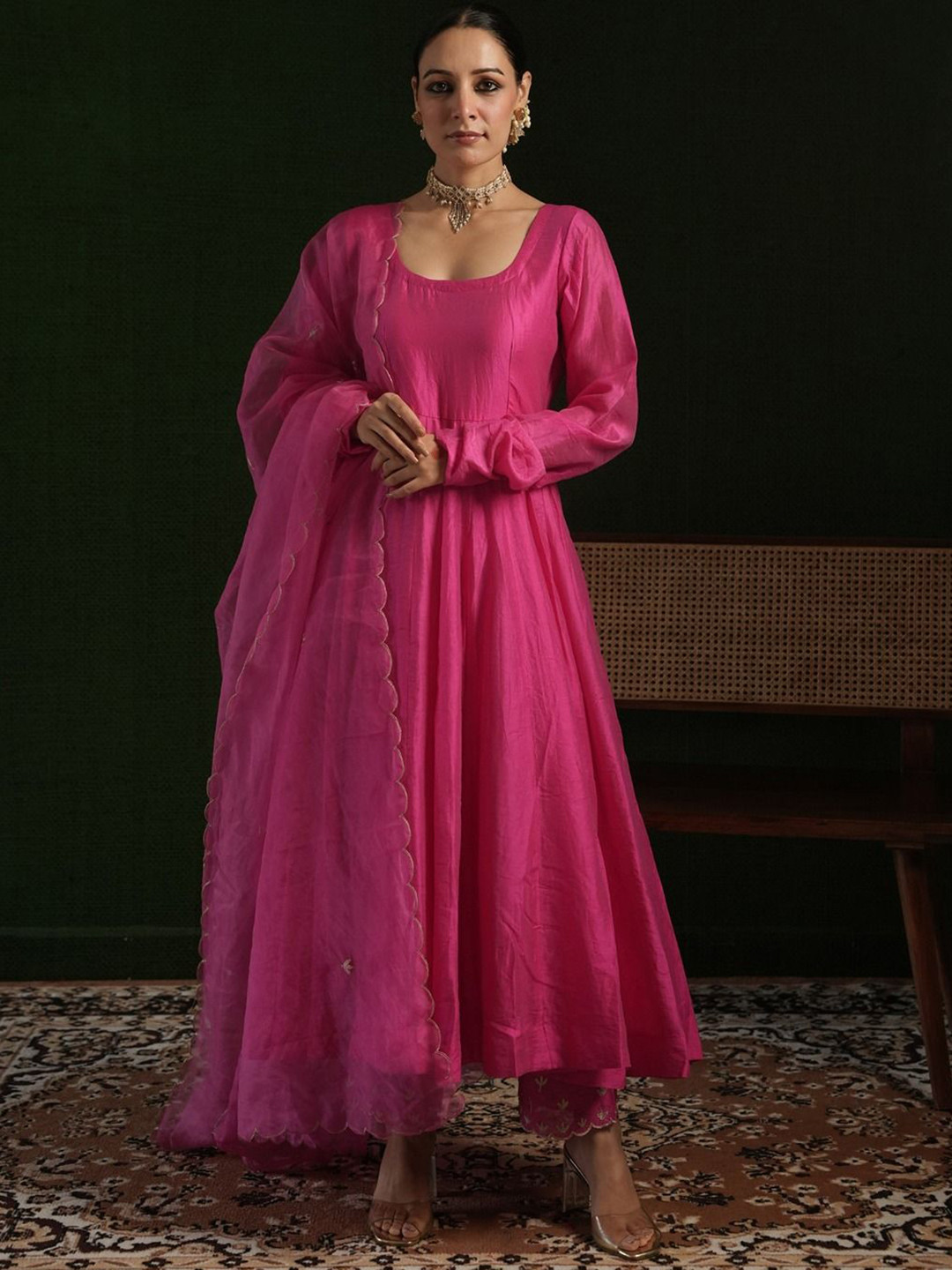 OneWe Chaand Round Neck Chanderi Silk Panelled Anarkali Kurta With Trousers & Dupatta