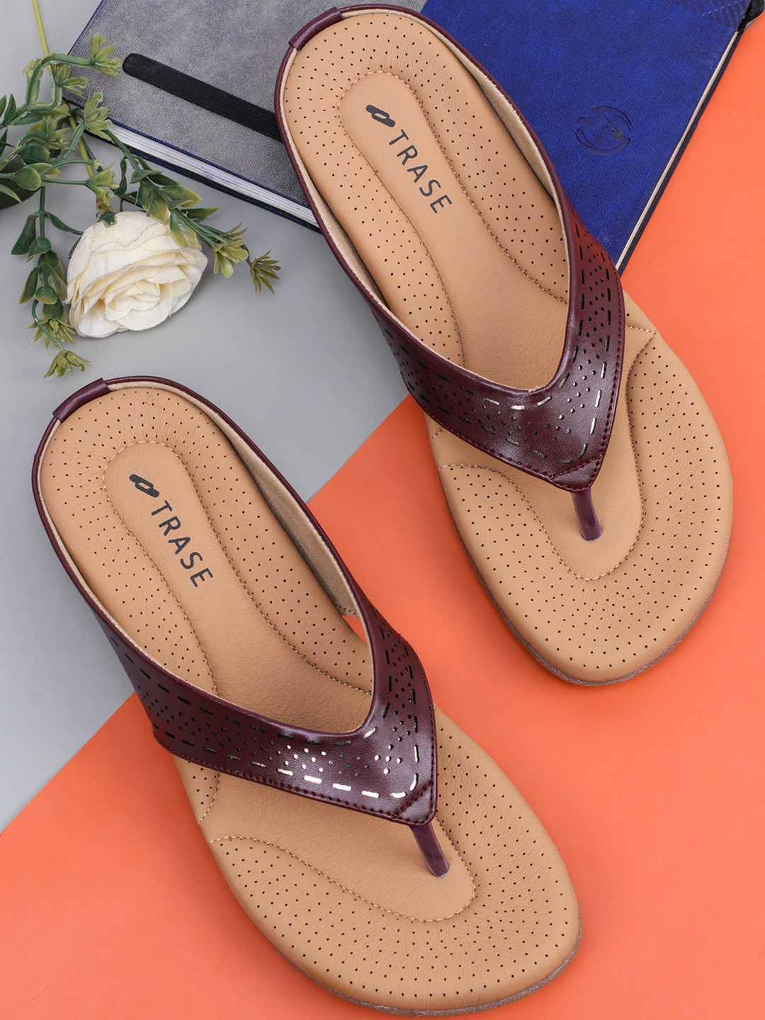 TRASE Women Maroon & Beige Laser Cuts Synthetic Open Toe Flats With TPR Sole