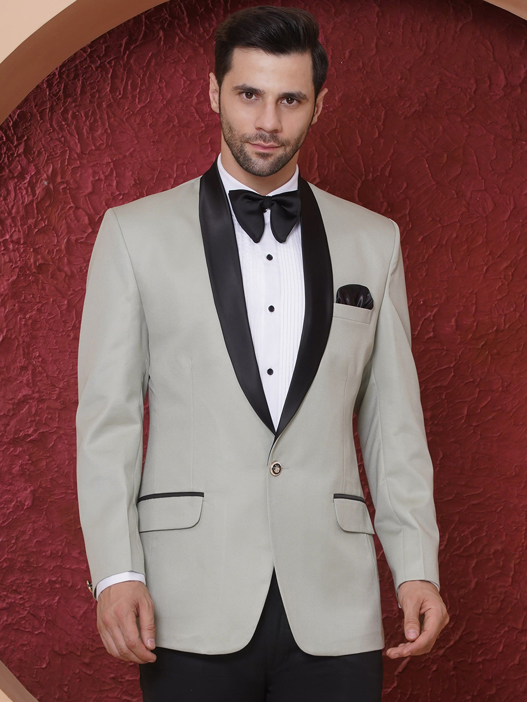 FAVOROSKI Men Shawl Collar Rayon Slim Fit Solid Tuxedo Blazers with 2 Pockets for Formal