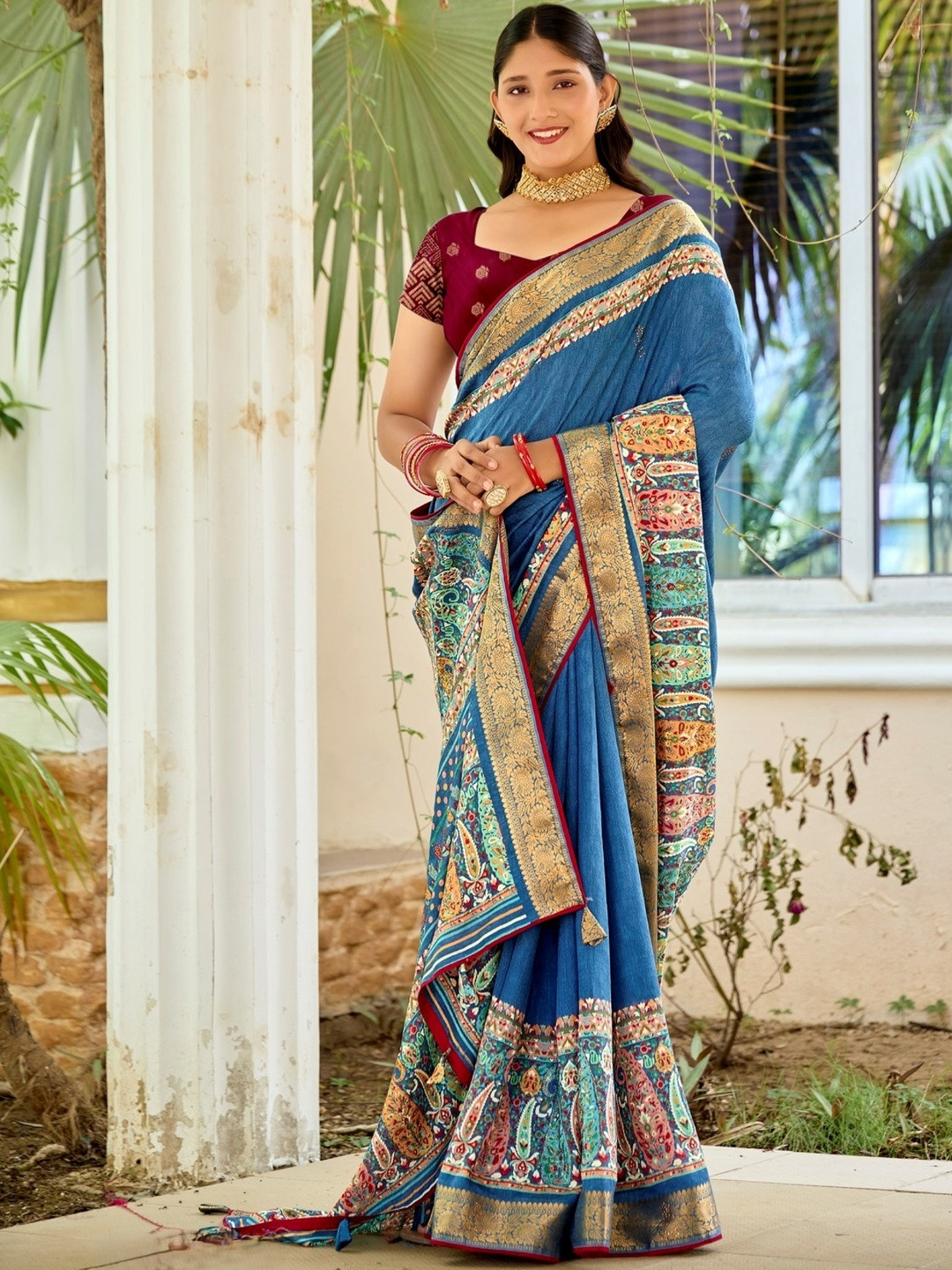 Blue Soft Silk Siroski work Saree With Contrast Blouse Piece