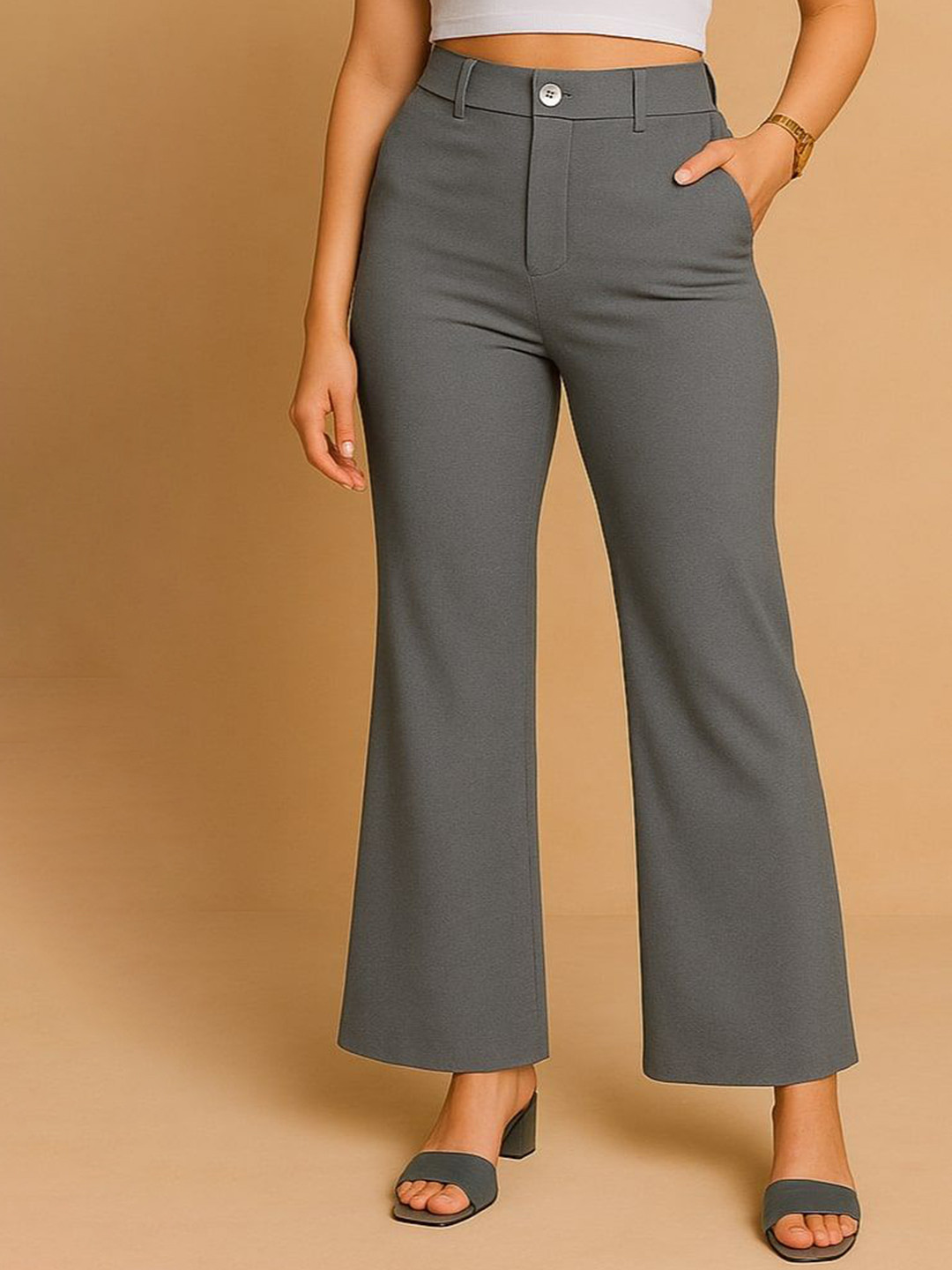 NU CLOTHS Women Relaxed High-Rise Flat-Front Bootcut Cotton Regular Trousers