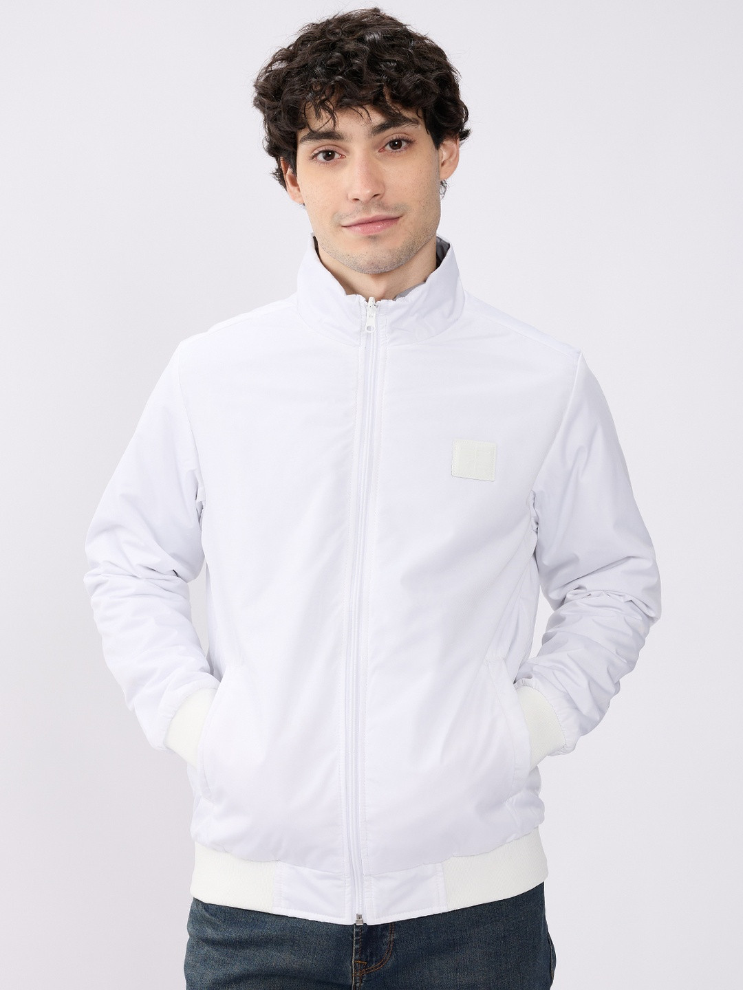 SPYKAR Men White Solid Straight Fit Polyester Long Sleeves Casual Jackets