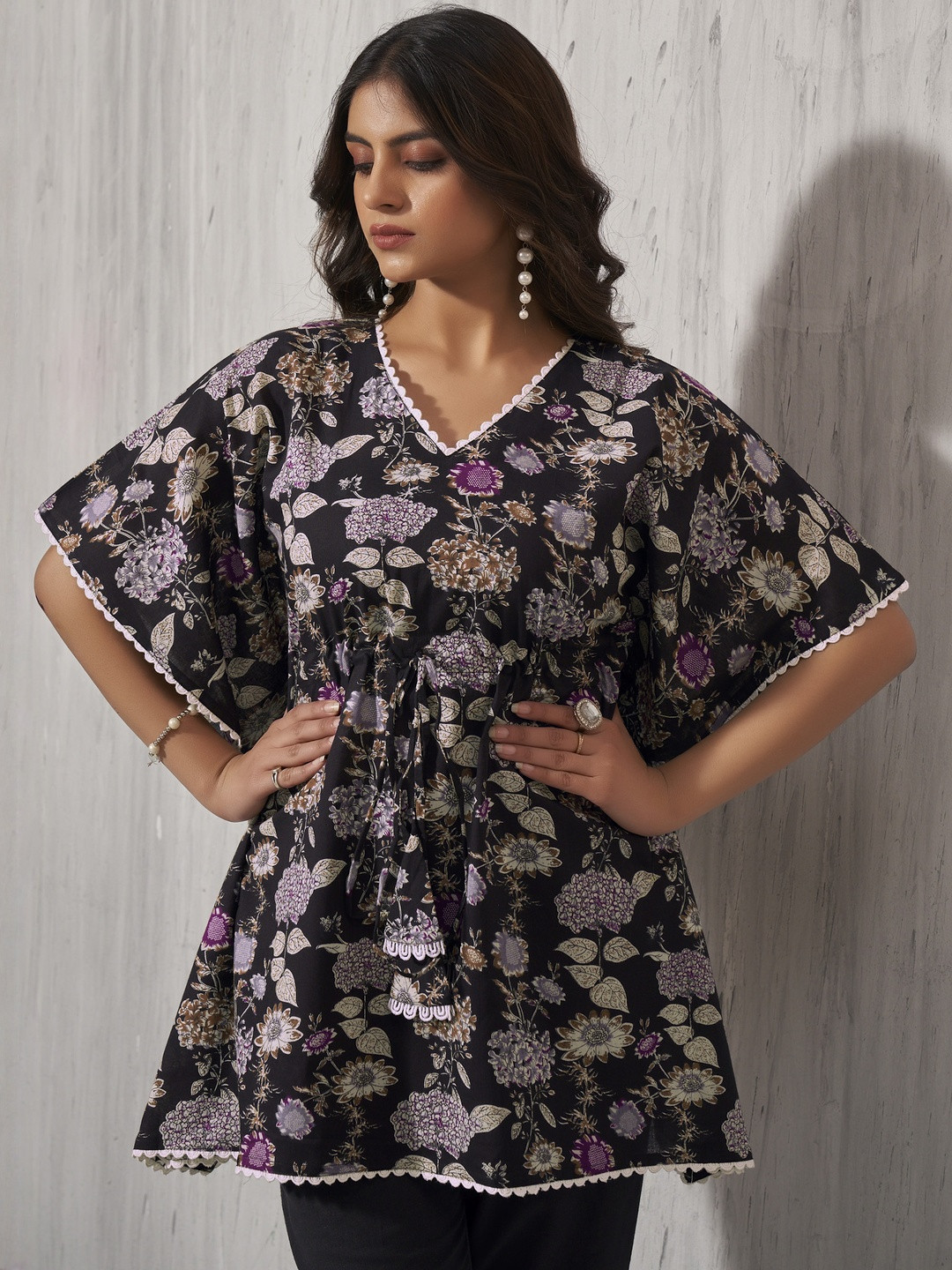 Anouk Women Black & Purple Floral Printed V-Neck Flared Sleeves Cotton Kaftan Kurti