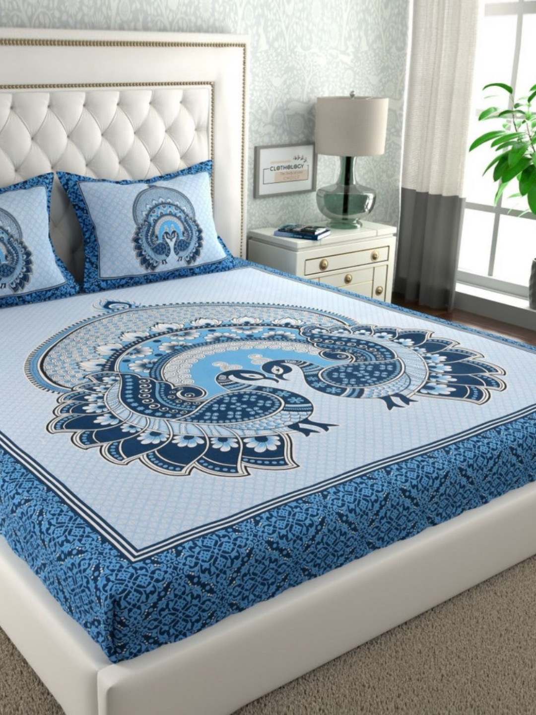Lali Prints Blue & Grey Printed Cotton 180 TC Queen Bedsheet Set 2.28 m x 2.54 m