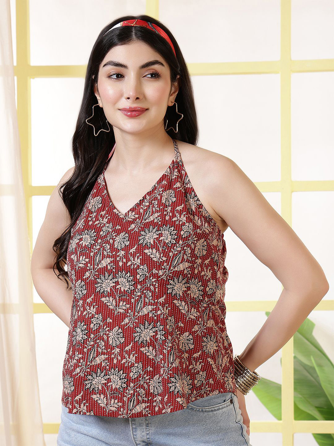 Nayo Floral Print Halter Neck Cotton Tunic