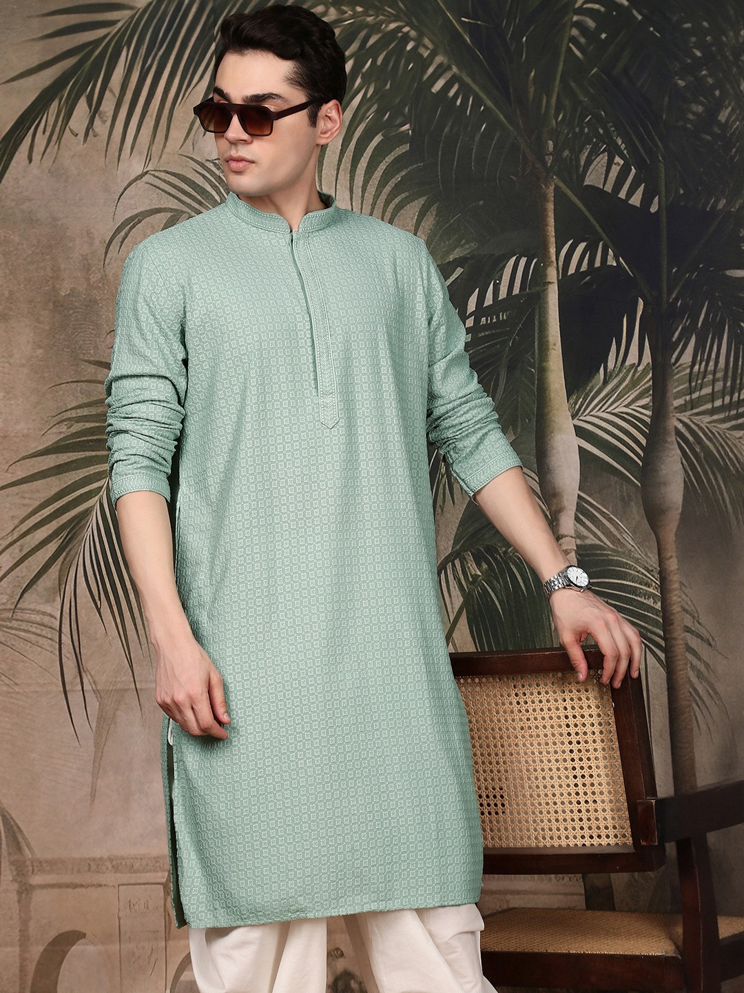 Sangria Men Green Embroidered Cotton Tradition Chikankari Kurta