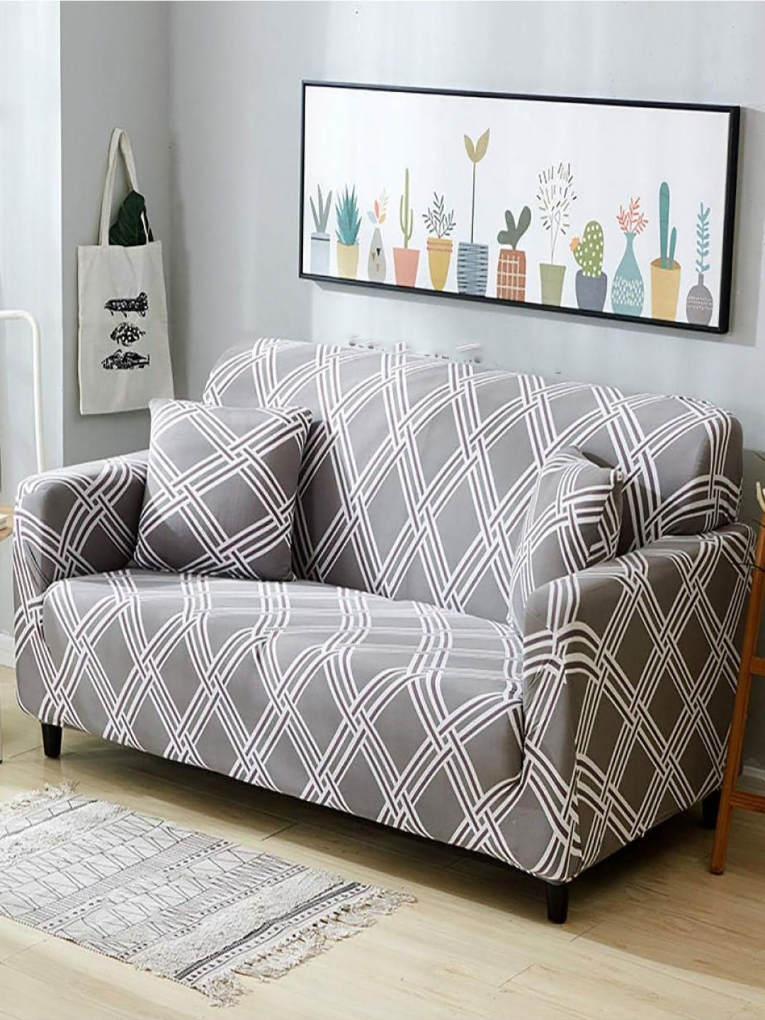 HOUSE OF QUIRK Grey Printed Double Seater Elasticity Cover For Couch