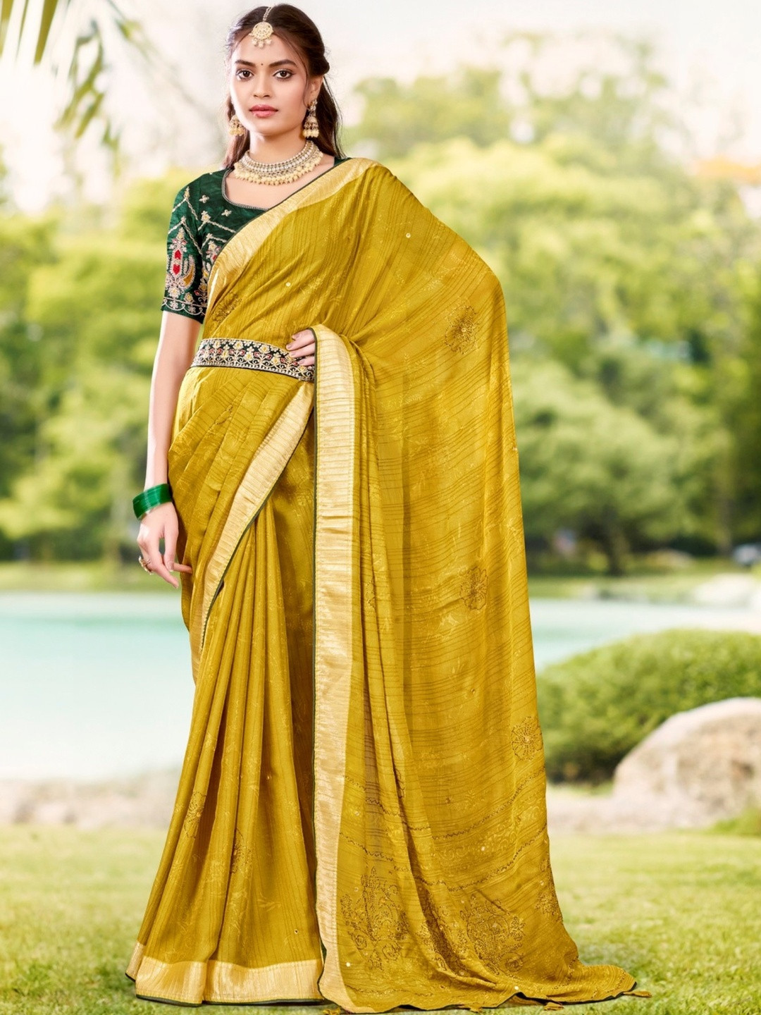 Mustard Moss Crepe Viscose Zari Border Saree With Contrast Blouse Piece