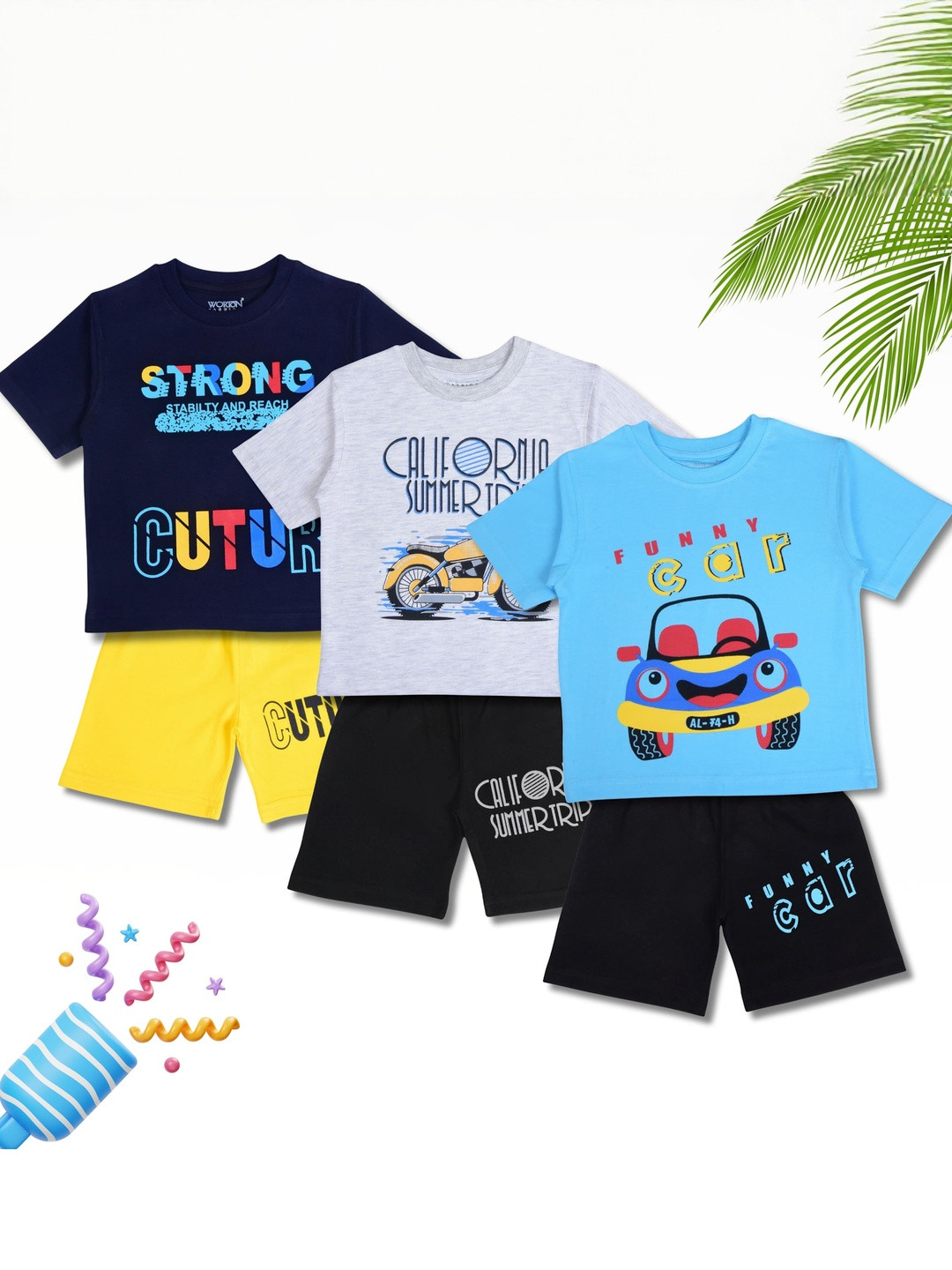 WORTON FASHION Boys Pack of 3 Pure Cotton Printed T-Shirts with Matching Shorts