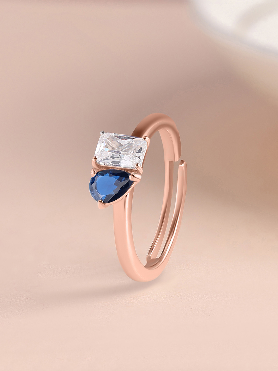 Ornate Jewels Toi Et Moi 925 Silver Rose Gold Plated CZ Studded Sapphire Finger Ring