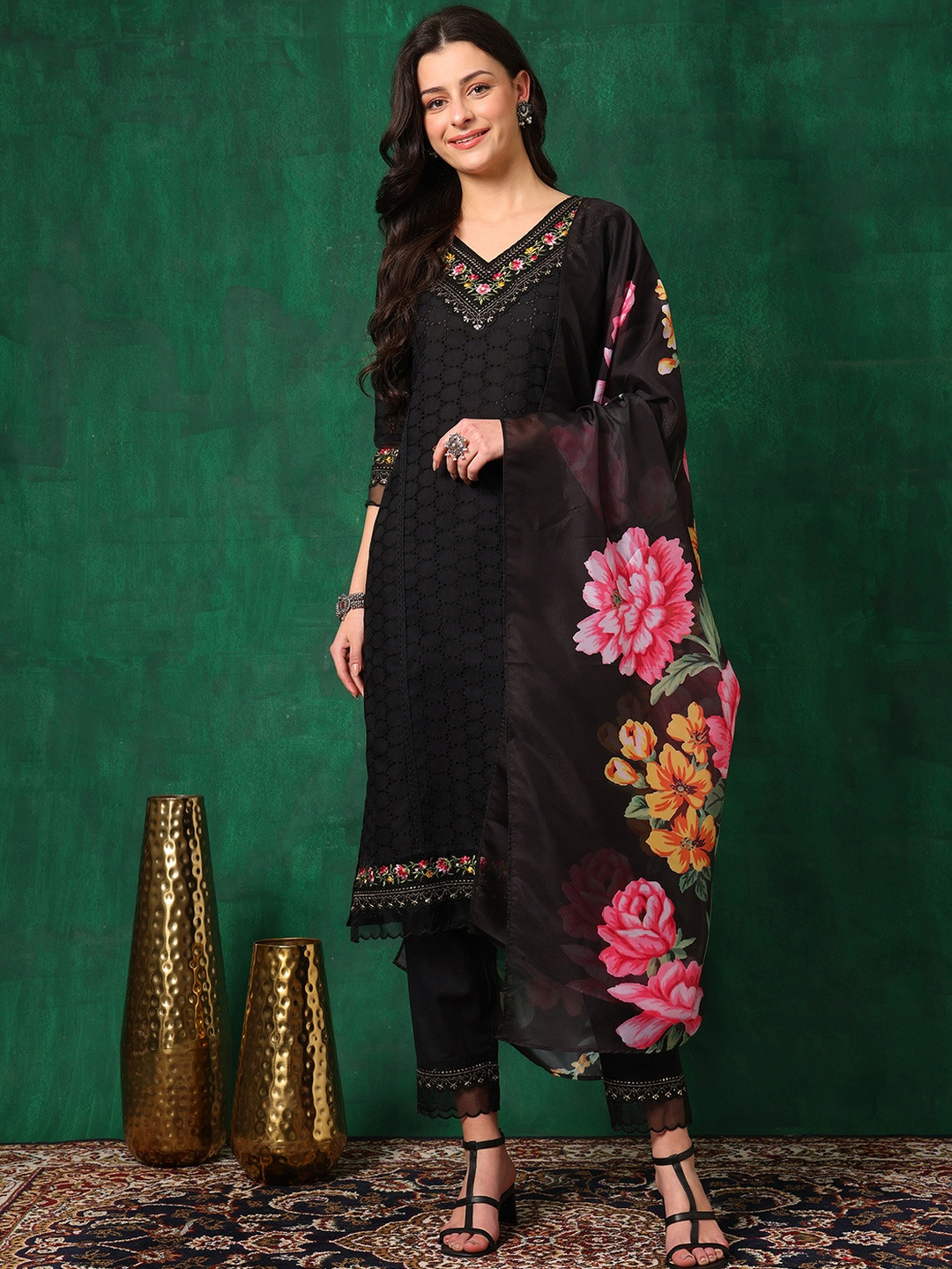 Embroidered Chikankari Kurta with pant & printed Dupatta