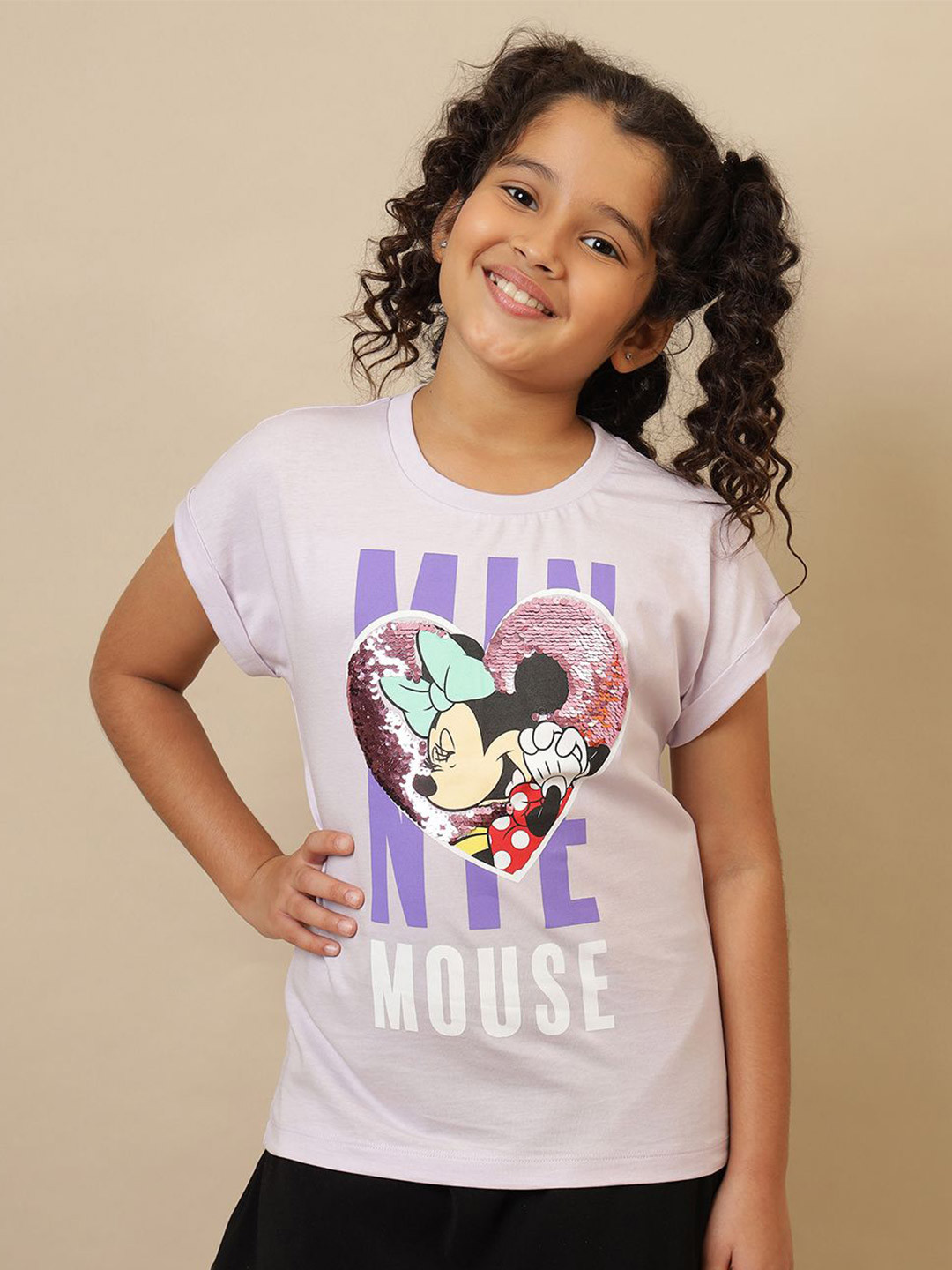 Kids Ville Girls Mickey & Friends Printed Reversible Sequin Regular Fit Tshirt