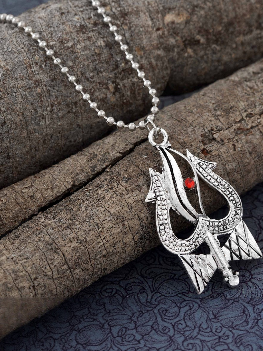 Silver plated CZ Trishul & Tri netra Shiv pendant