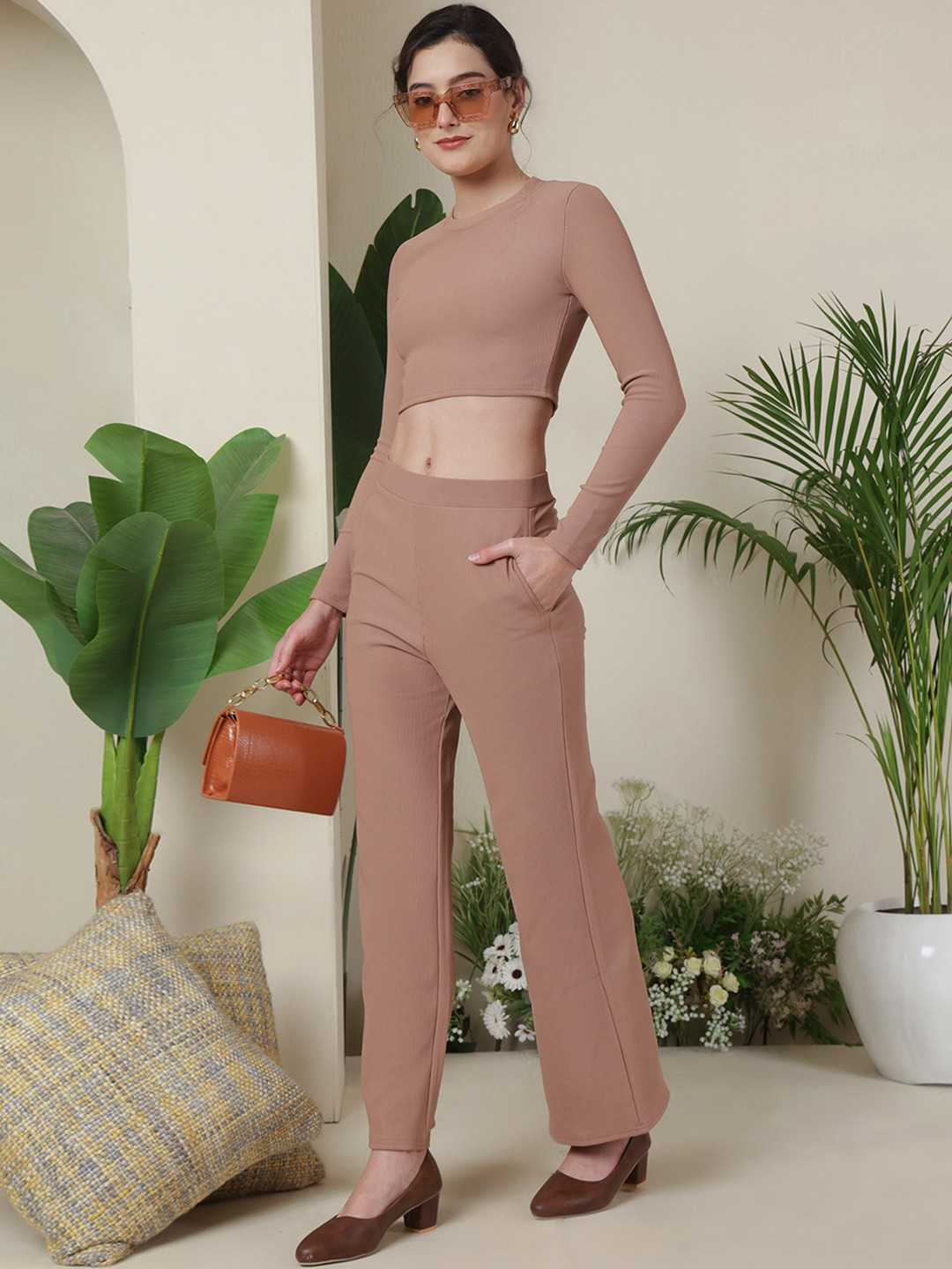 SZN Womens Solid Brown Casual Crop Top and Trouser Co-Ord Set