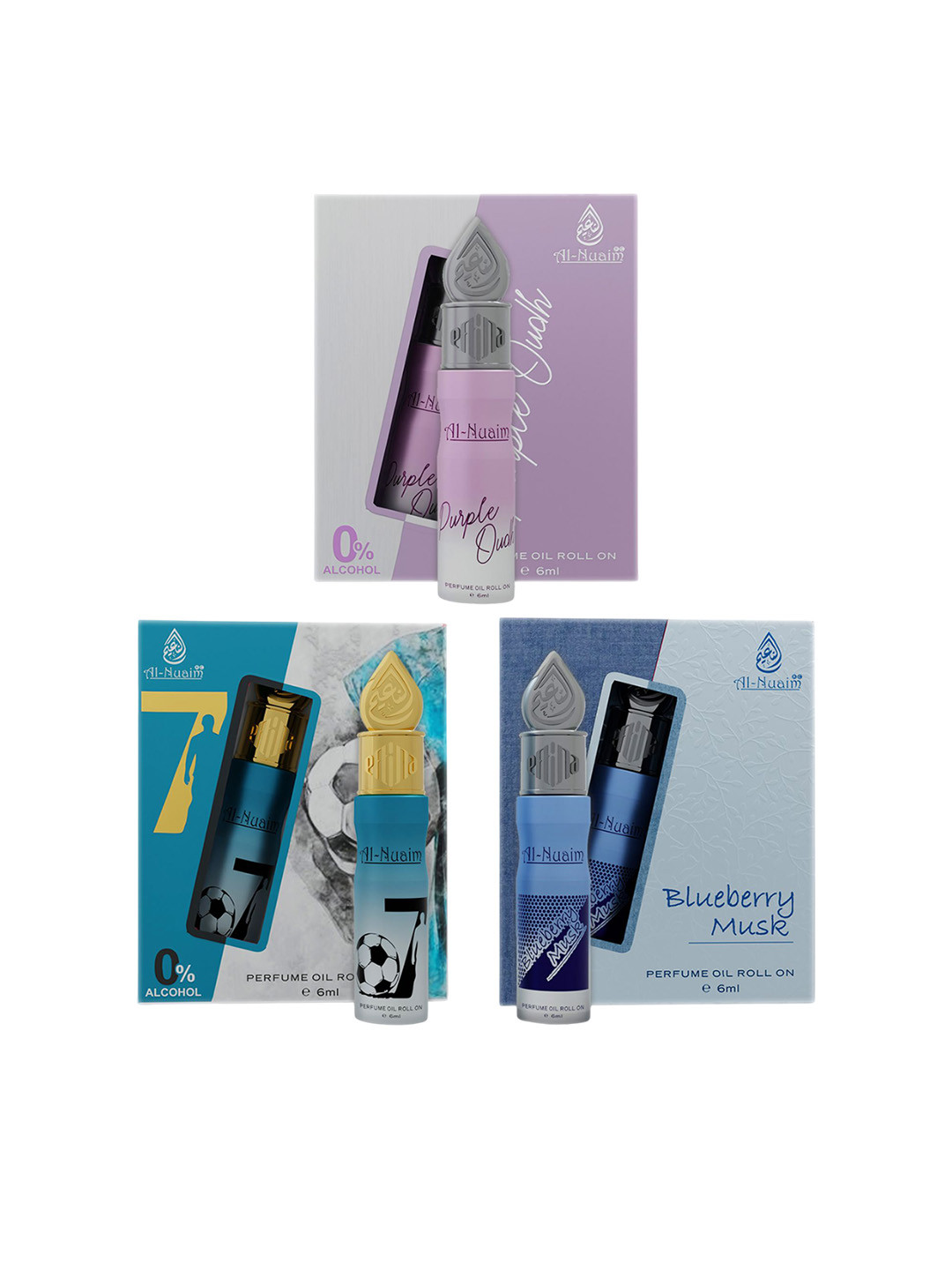 Al-Nuaim Unisex Pack of 3 Blueberry Musk 07 & Purple Oudh Roll On Attar 6ml Each