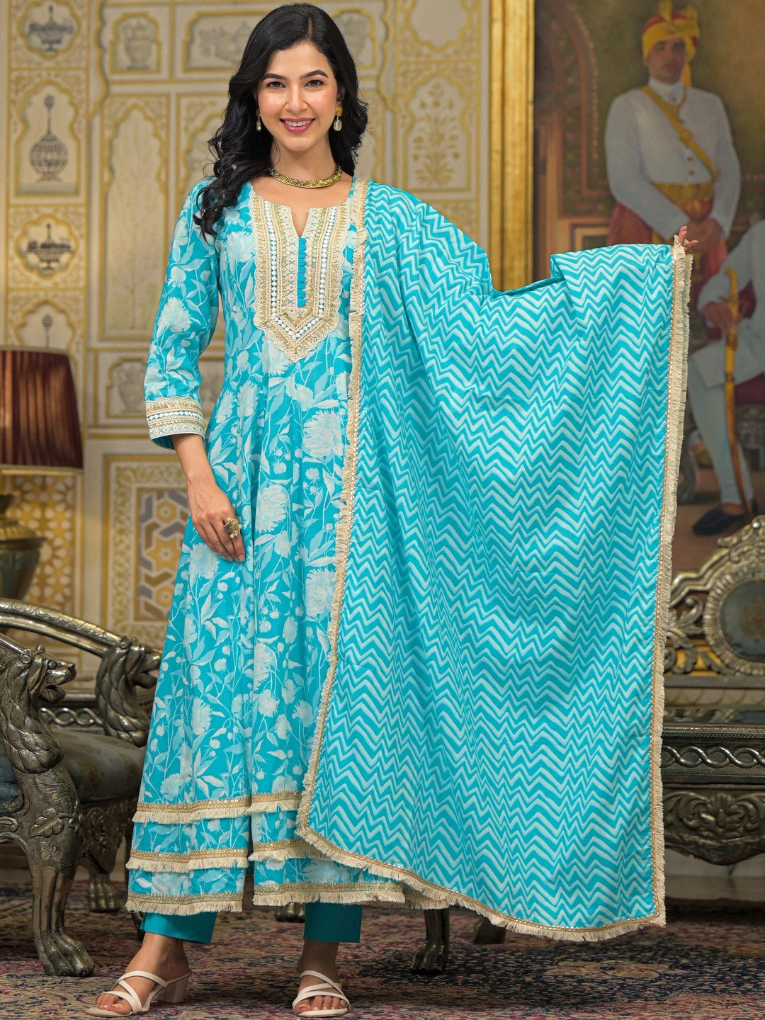 Lime Green Floral Hand-Work With Fancy Less Emboirederd Round Neck Kurta & Trouser With Dupatta