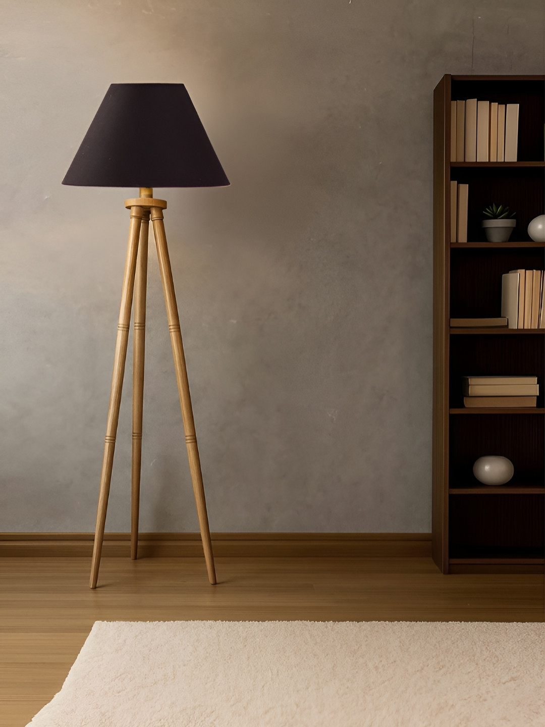 Devansh Black Drum shade With Wooden Tripod Lamp