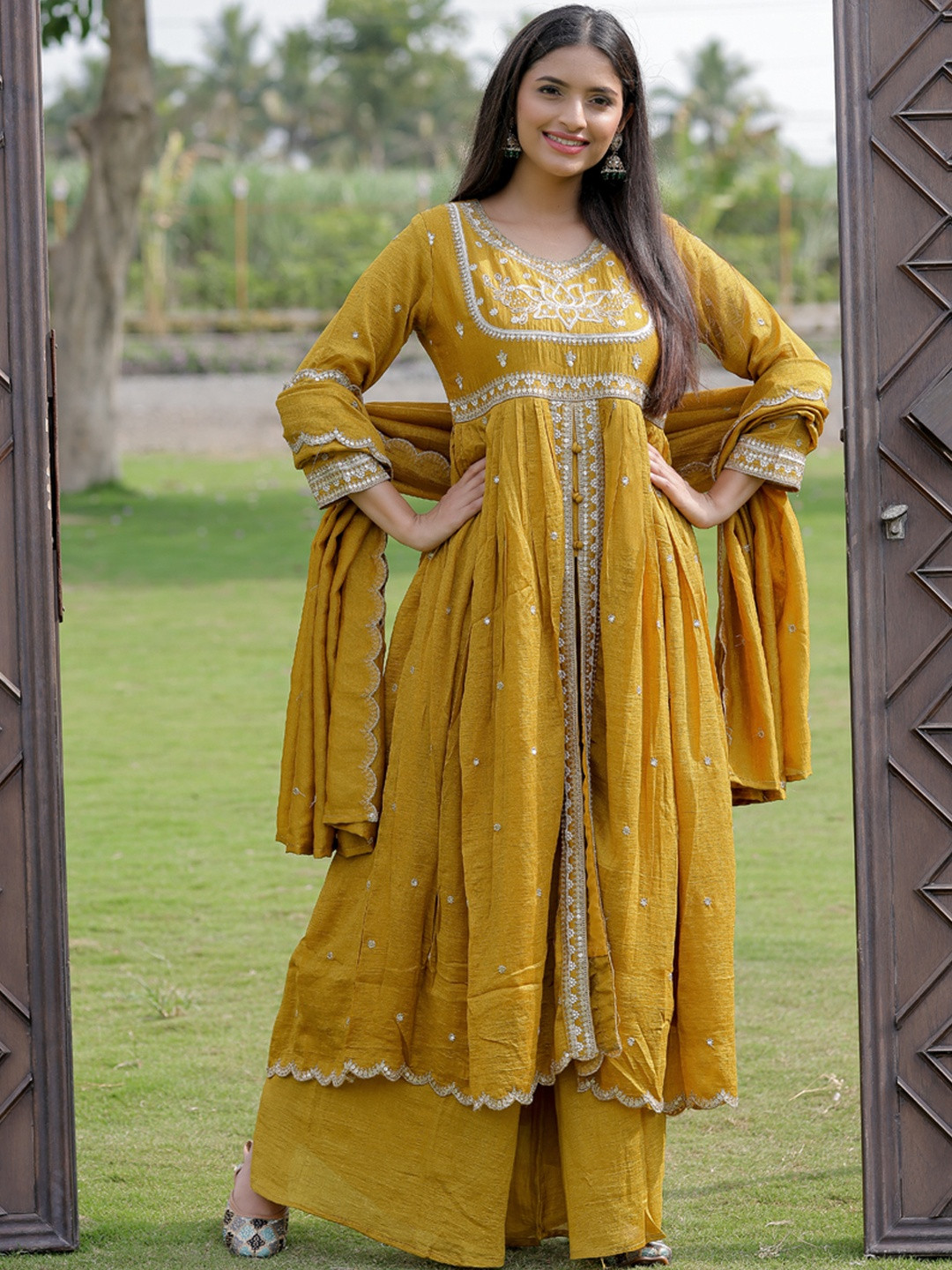 Women's Vichitra Silk Siquinned Embroidered Flared Kurta with Pant And Dupatta Sets