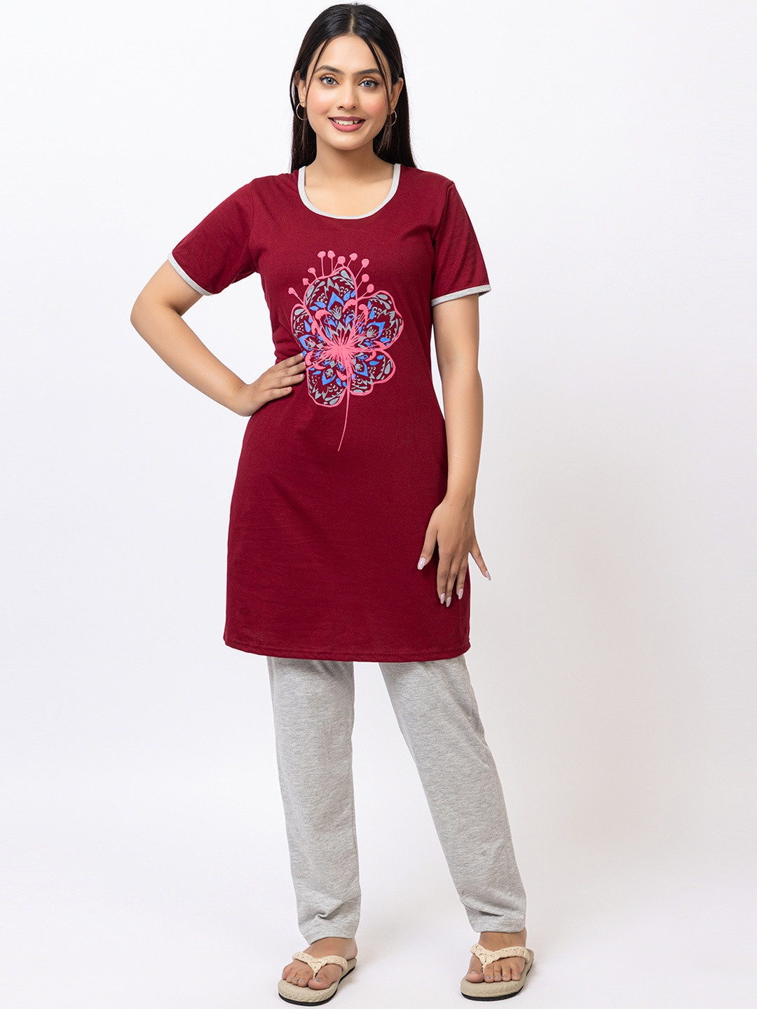 SIDLY PIDLY Women Printed Longline T-Shirt And Pyjama Night suit
