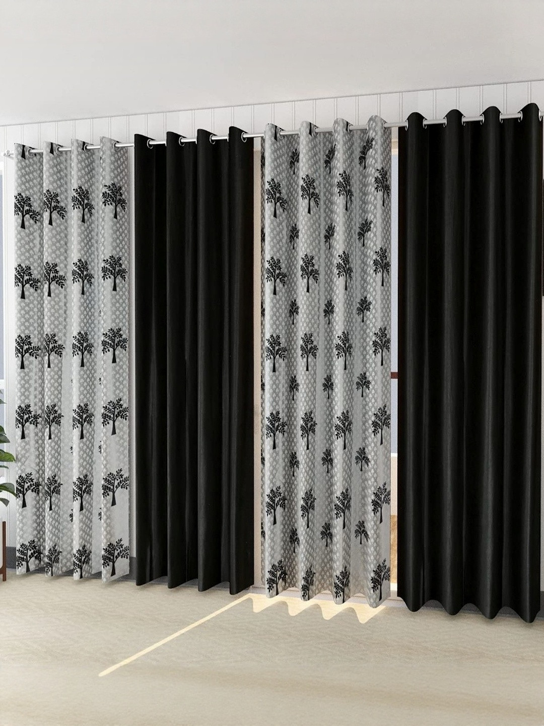 AADI TRADERS Black & Grey Set of 4 Polyester Long Door Curtains